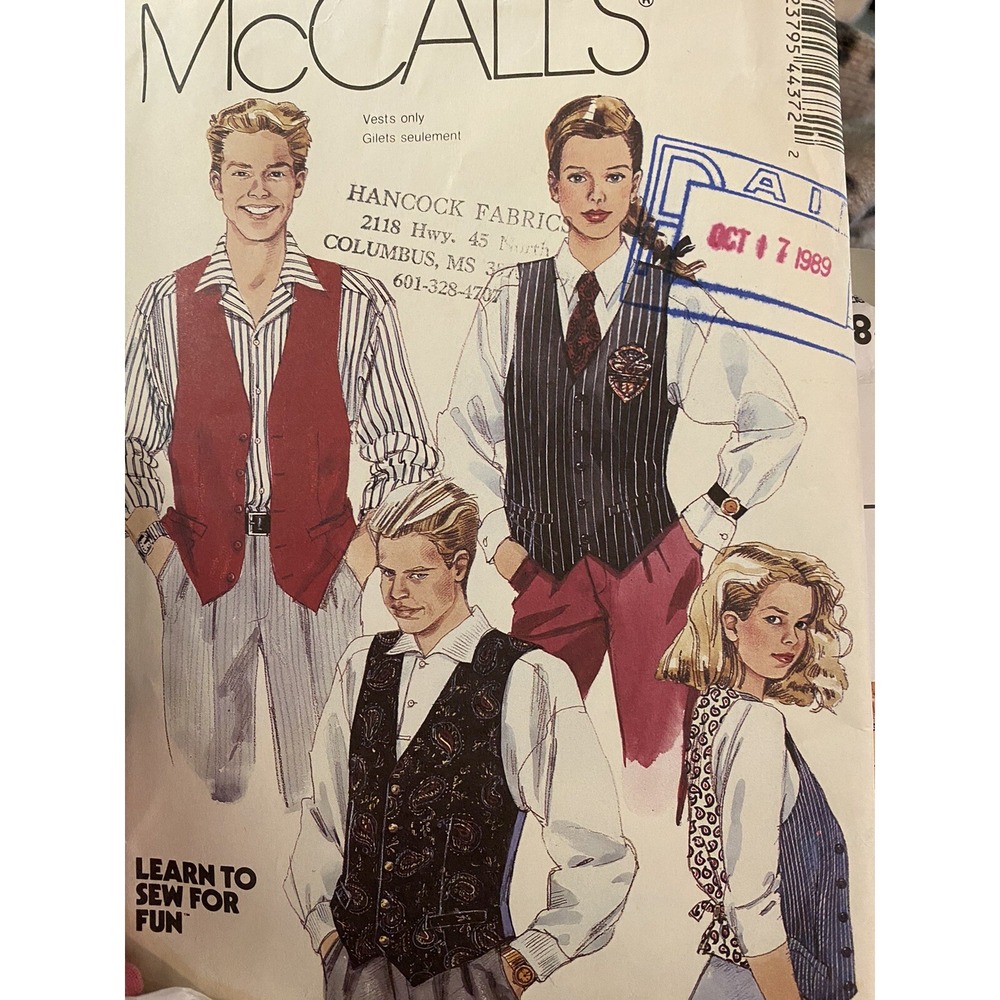 Vintage 1980s McCalls Pattern 4437 Lined Vest Size Small Misses Men Teen 1989